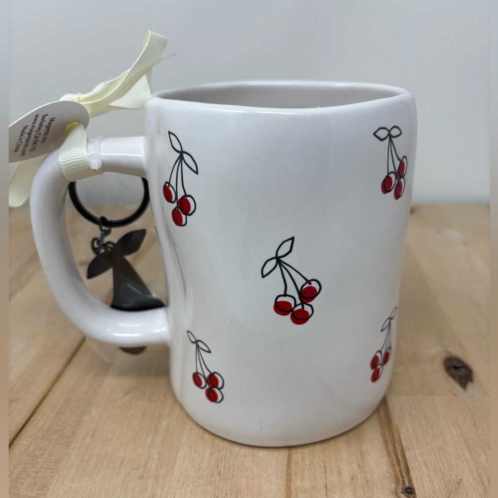 Rae Dunn MON CHERRY Mug White Double Sided with Cherries Decor & Keychain New - Picture 2 of 4